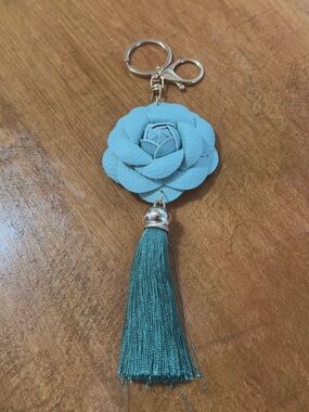 5 for 25 Teal Flower Tassel Keychain Boho Floral Bag Charm Faux Leather Charm